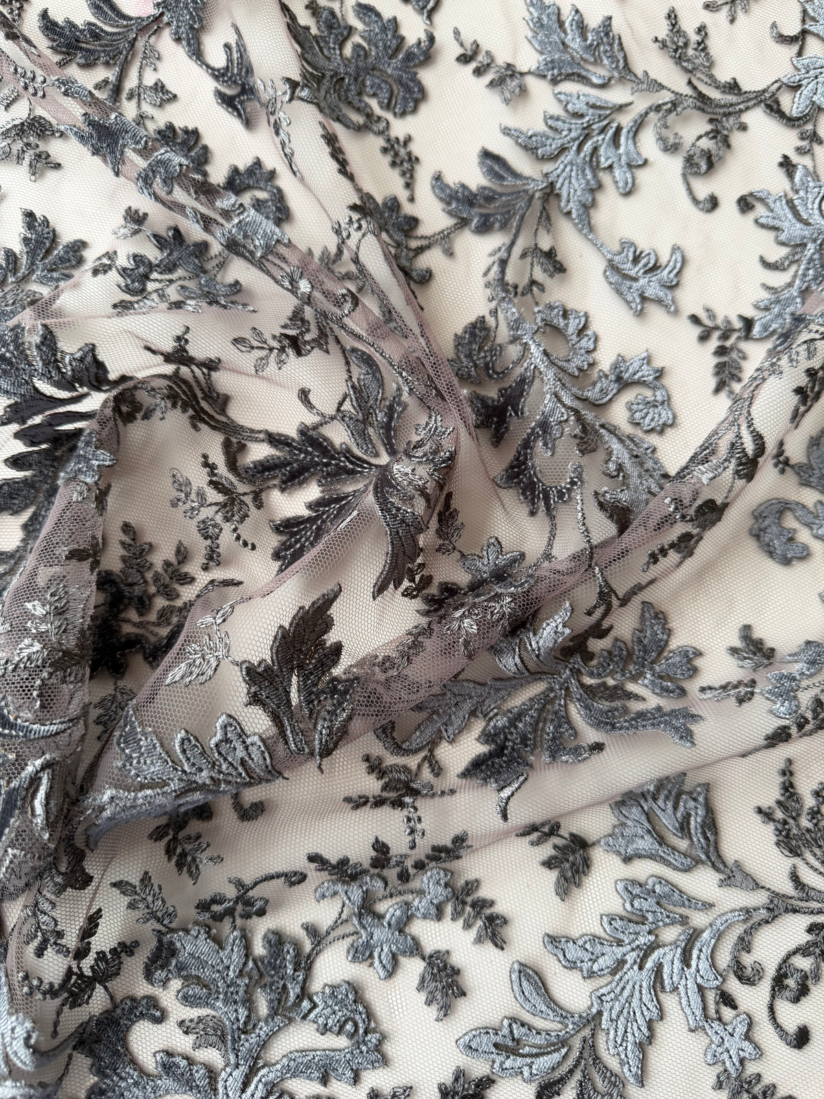 Grey Velvet Embroidery Lace - Madina
