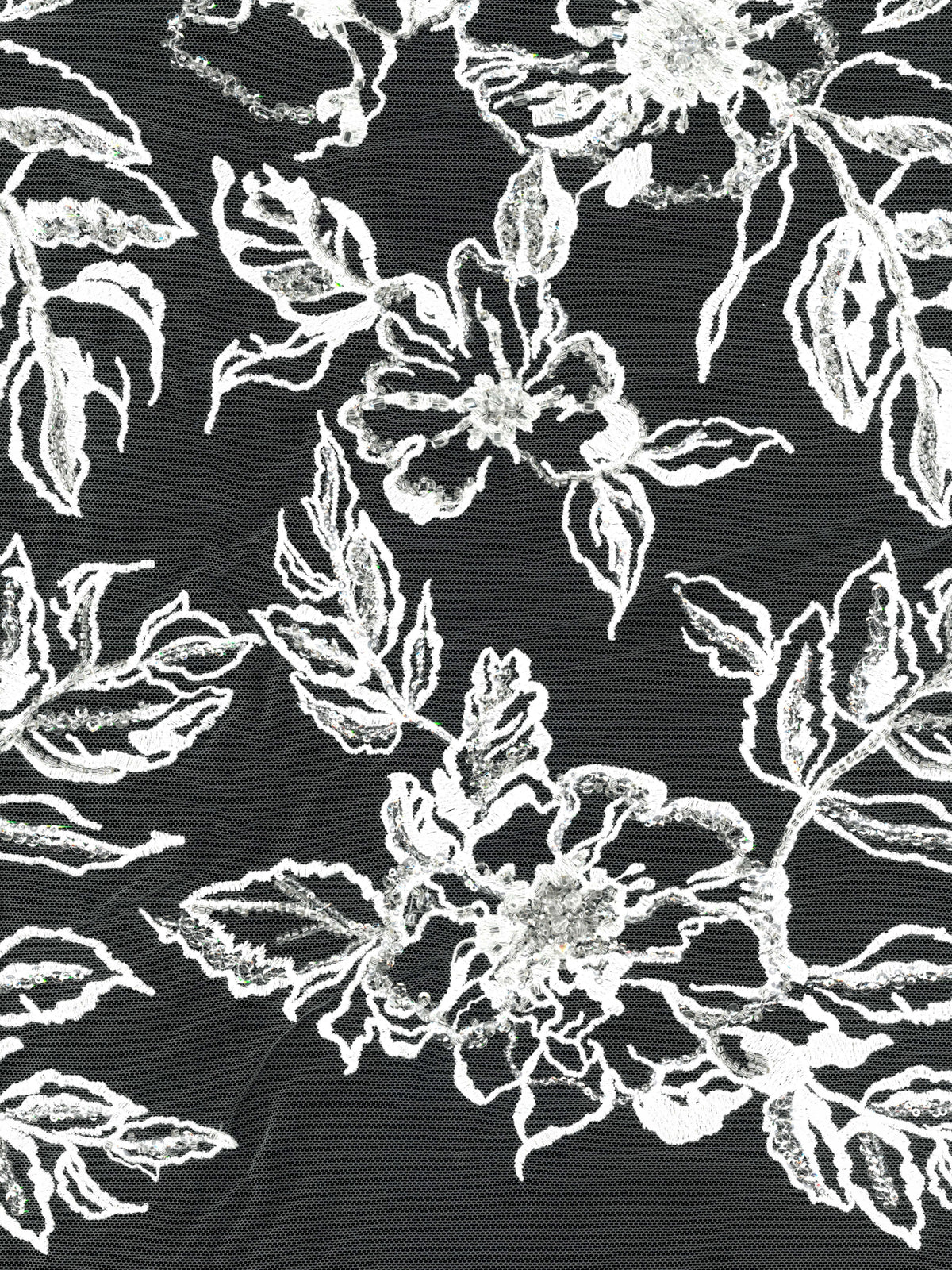 Elfenbein/Silber bestickter Tüll mit Perlen - EB1100