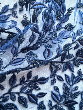 Marineblau bestickter Perlen-Tüll - EB1058