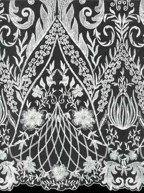 Elfenbeinfarbener, bestickter Tüll mit Perlen - EB1062