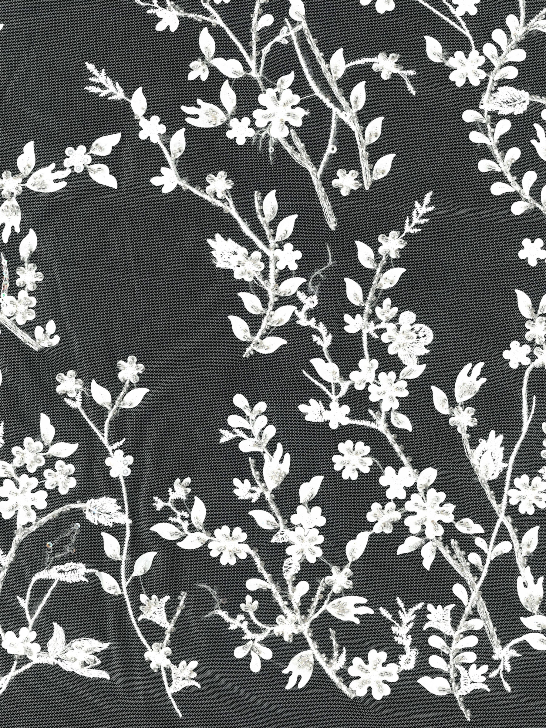 Elfenbein/Silber bestickter Tüll mit Perlen - EB1073