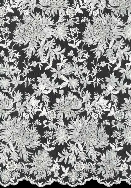 Elfenbein/Silber bestickter, lasergeschnittener Tüll mit Perlen - EB1075