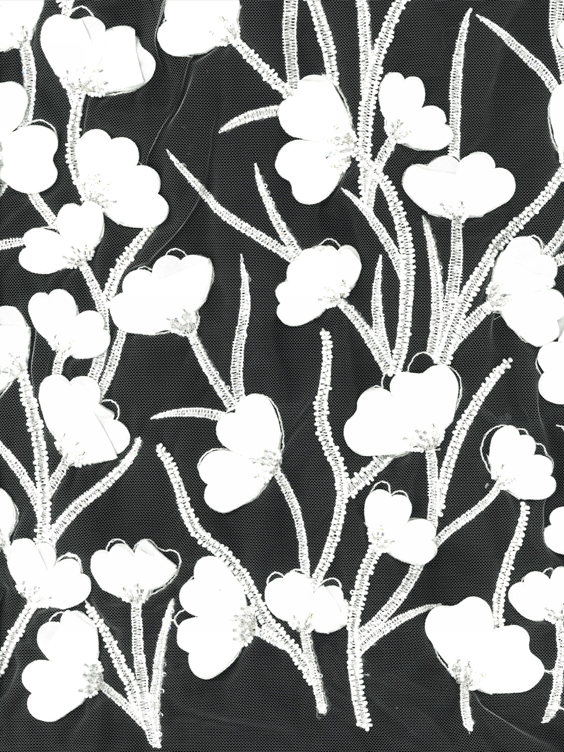 Elfenbeinfarbener, 3D-bestickter Tüll mit Perlen - EB1082