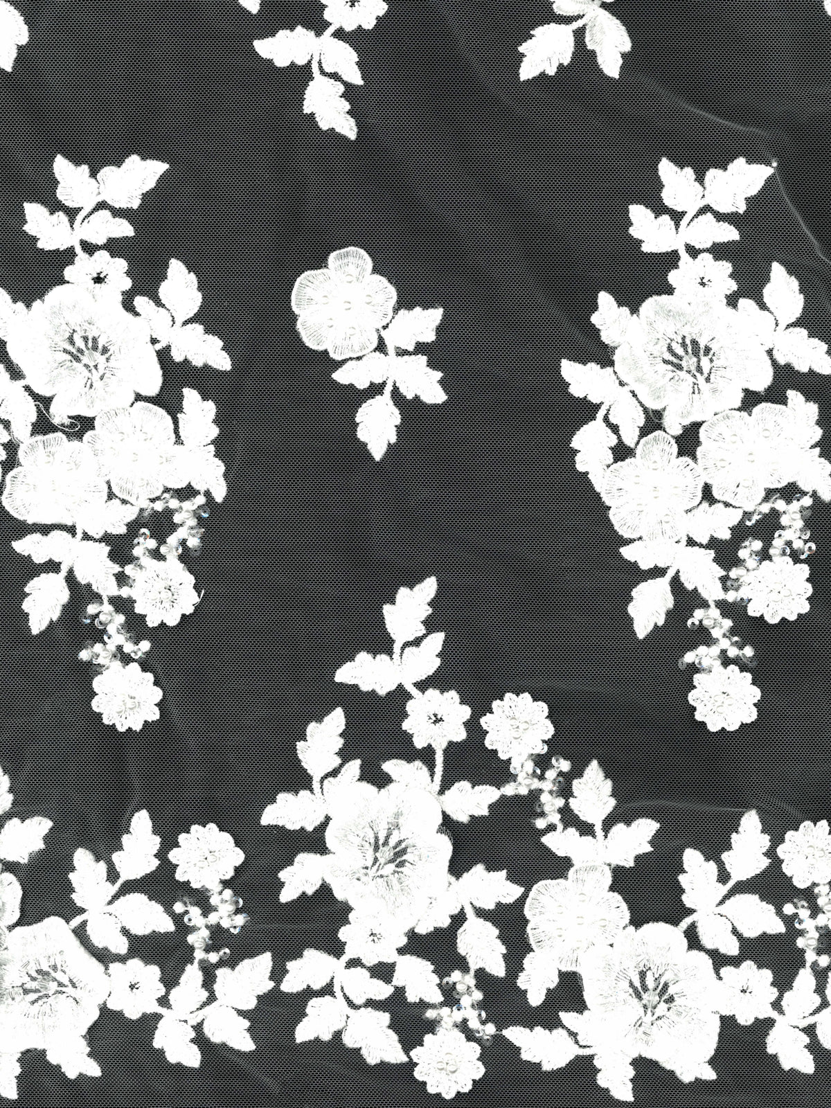 Elfenbeinfarbener, 3D-bestickter Tüll mit Perlen - EB1088