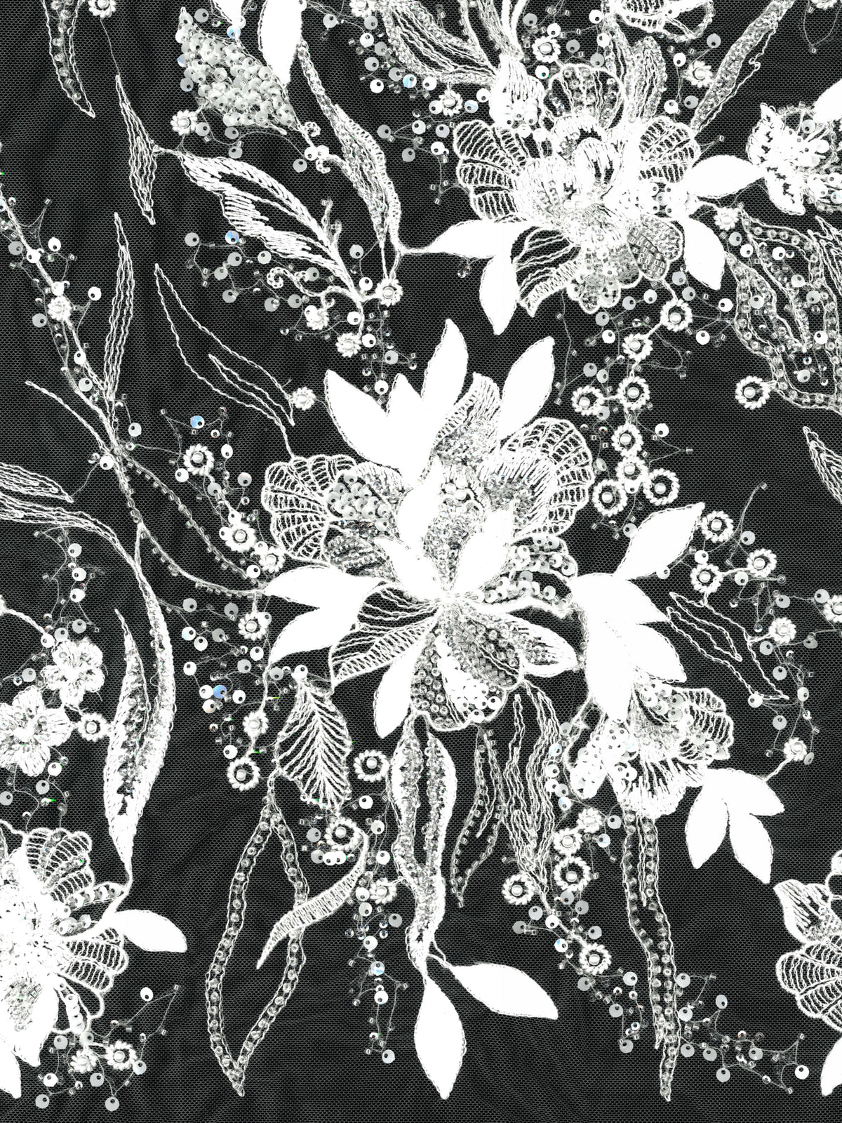 Elfenbein/Silber bestickter Tüll mit Perlen - EB1098