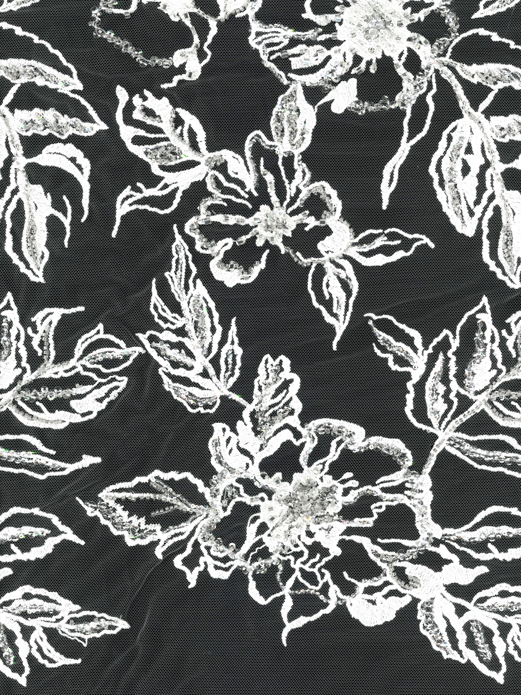 Elfenbein/Silber bestickter Tüll mit Perlen - EB1100