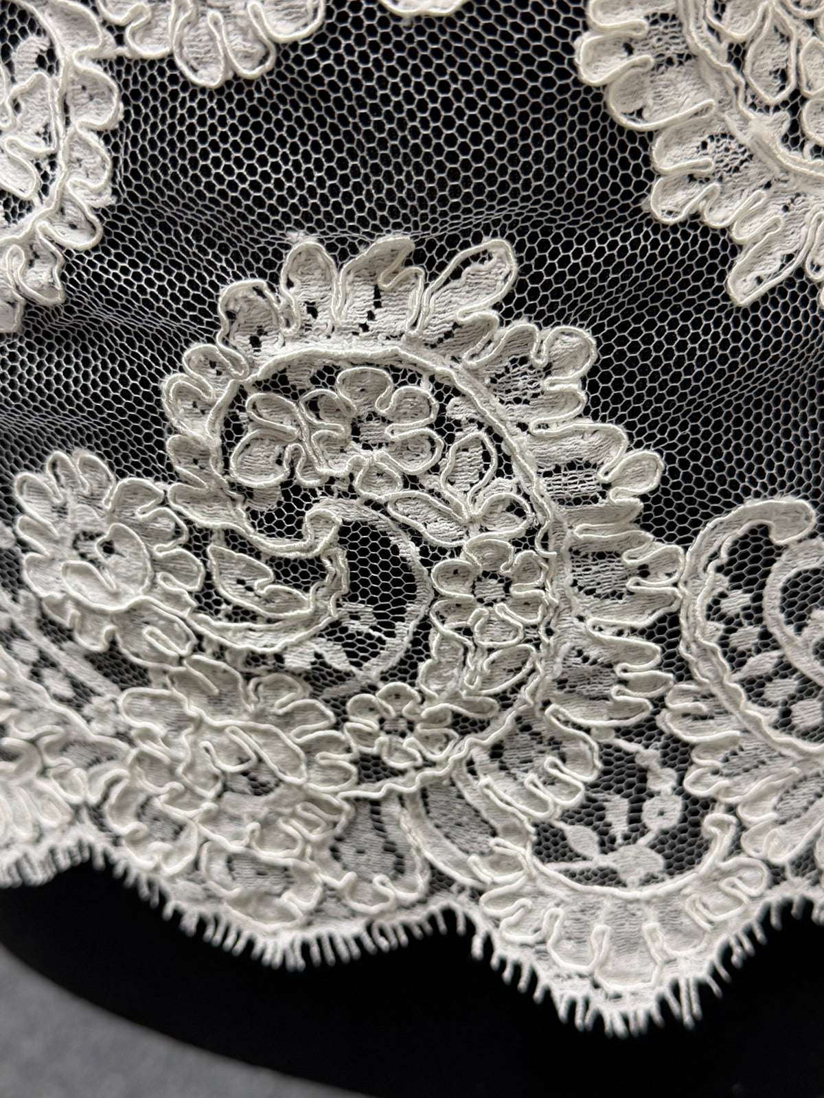 Elfenbeinfarbene, kordelbesetzte Chantilly-Spitzenborte – Sudaba