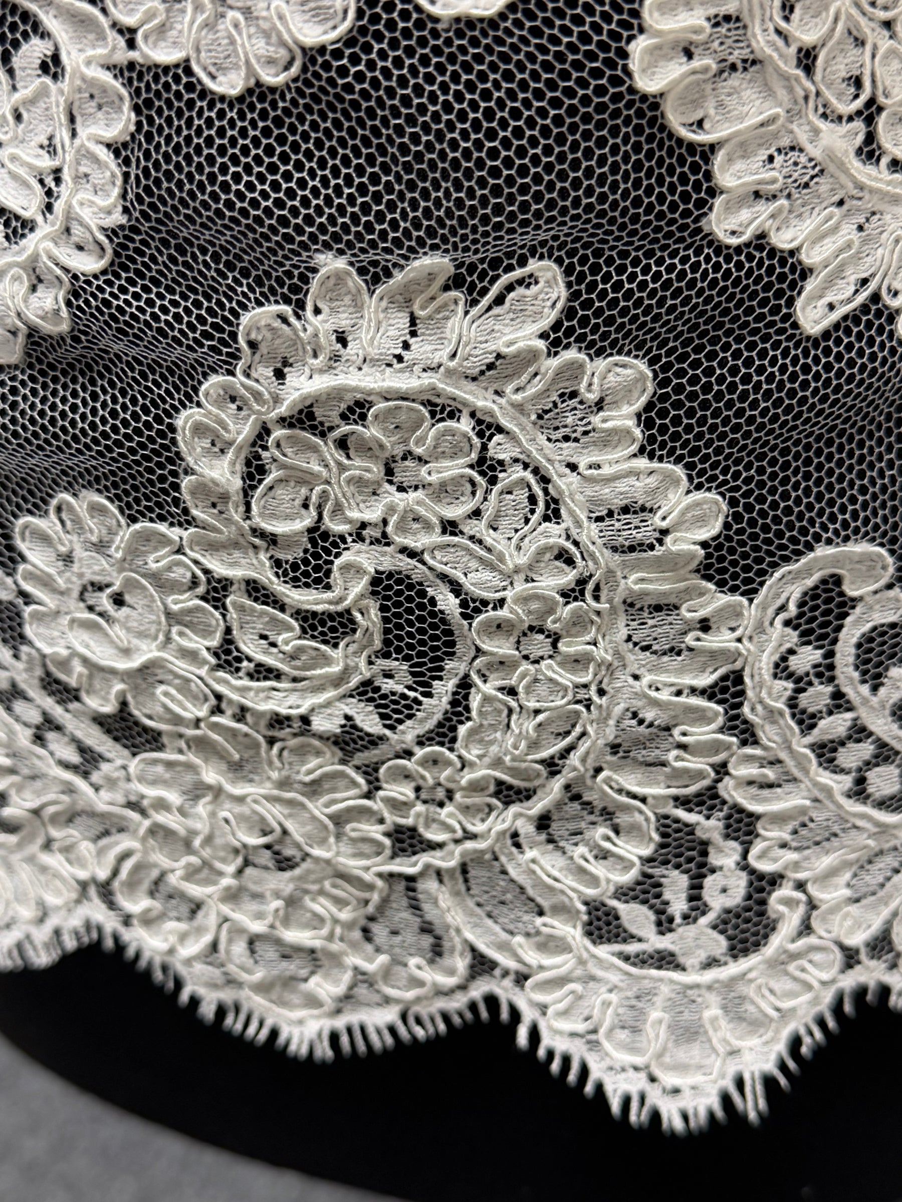 Elfenbeinfarbene, kordelbesetzte Chantilly-Spitzenborte – Sudaba