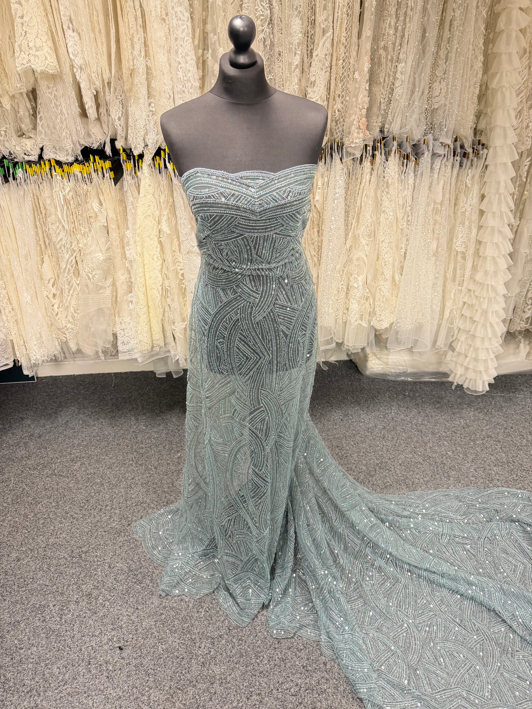 Smokey Green Emb Beaded Tulle - EB1056