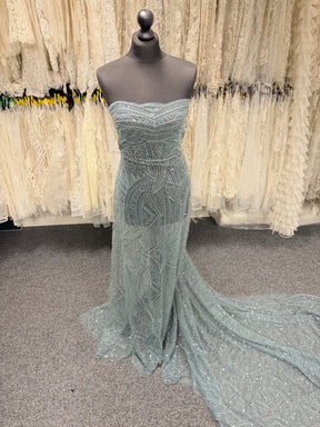 Smokey Green Emb Beaded Tulle - EB1056