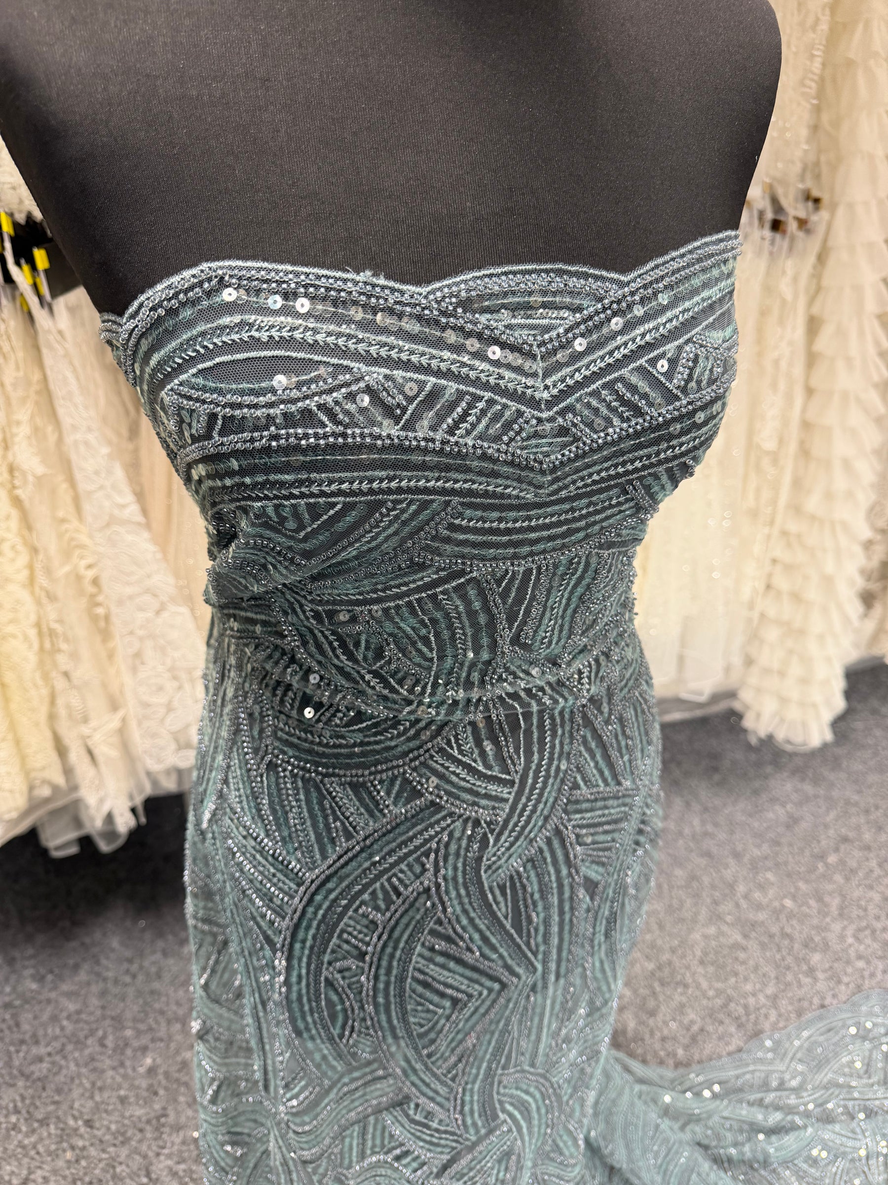 Smokey Green Emb Beaded Tulle - EB1056