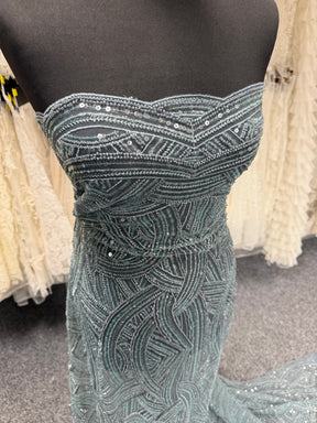 Smokey Green Emb Beaded Tulle - EB1056