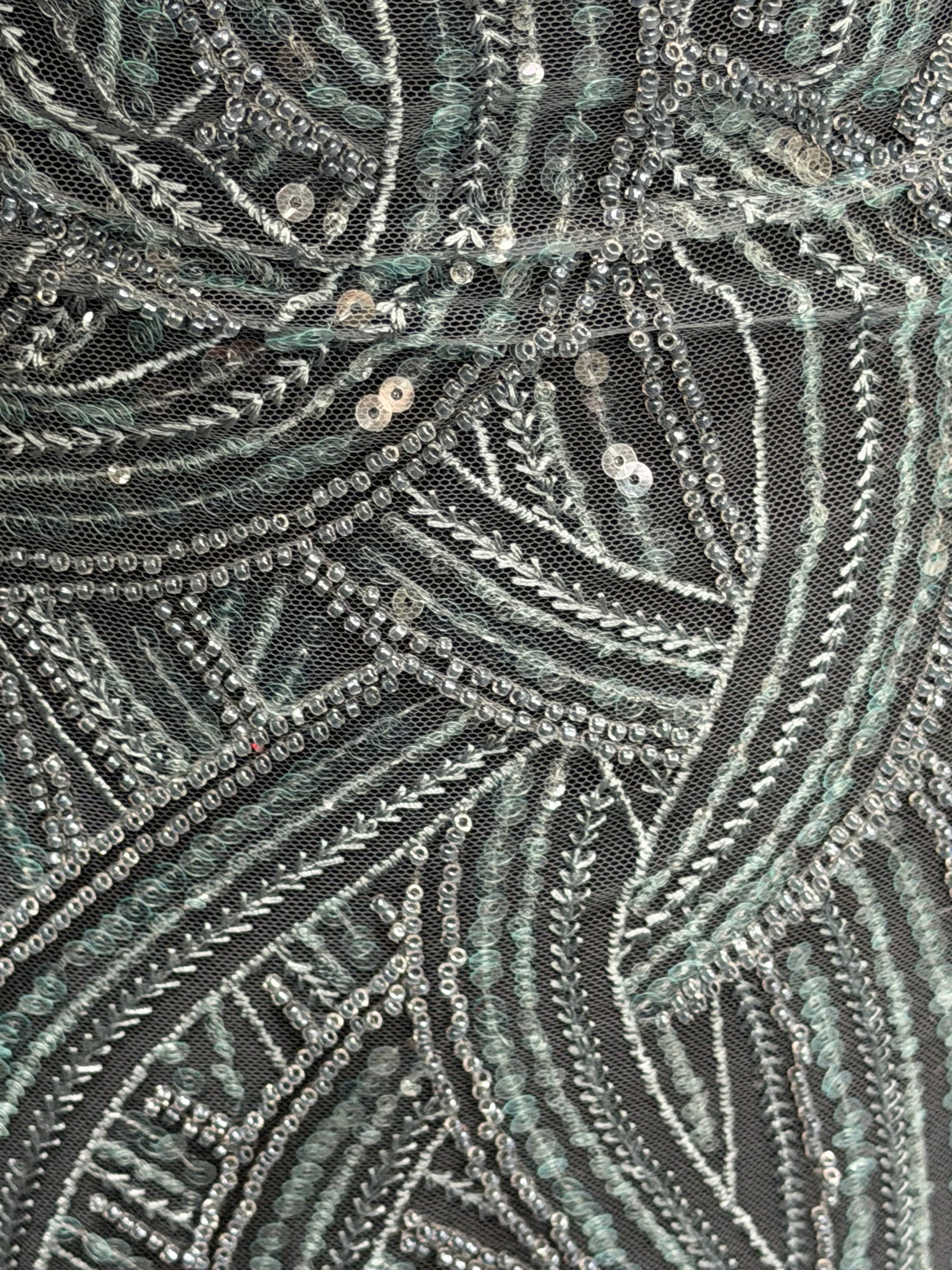Smokey Green Emb Beaded Tulle - EB1056