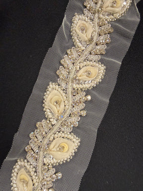 Silber/Elfenbein 3D-Kristallperlen-Paillettenborte - T517