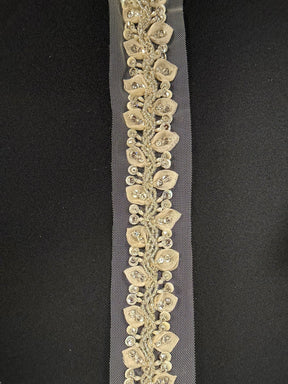 Elfenbein/Silberne 3D-Kristallperlenborte - T518