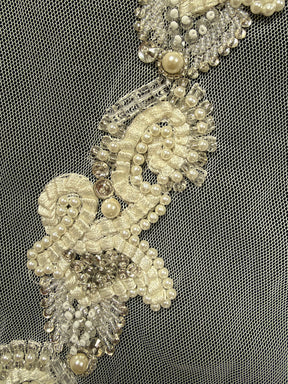 Elfenbein/Silberne indische Kristallperlenborte - T414