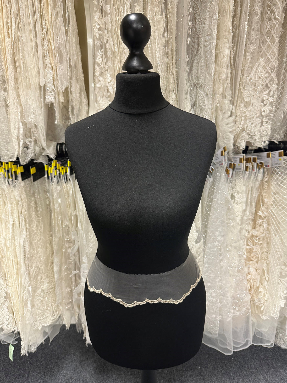 Elfenbein mit hellchampagnerfarbenem, besticktem Spitzenbesatz - T202