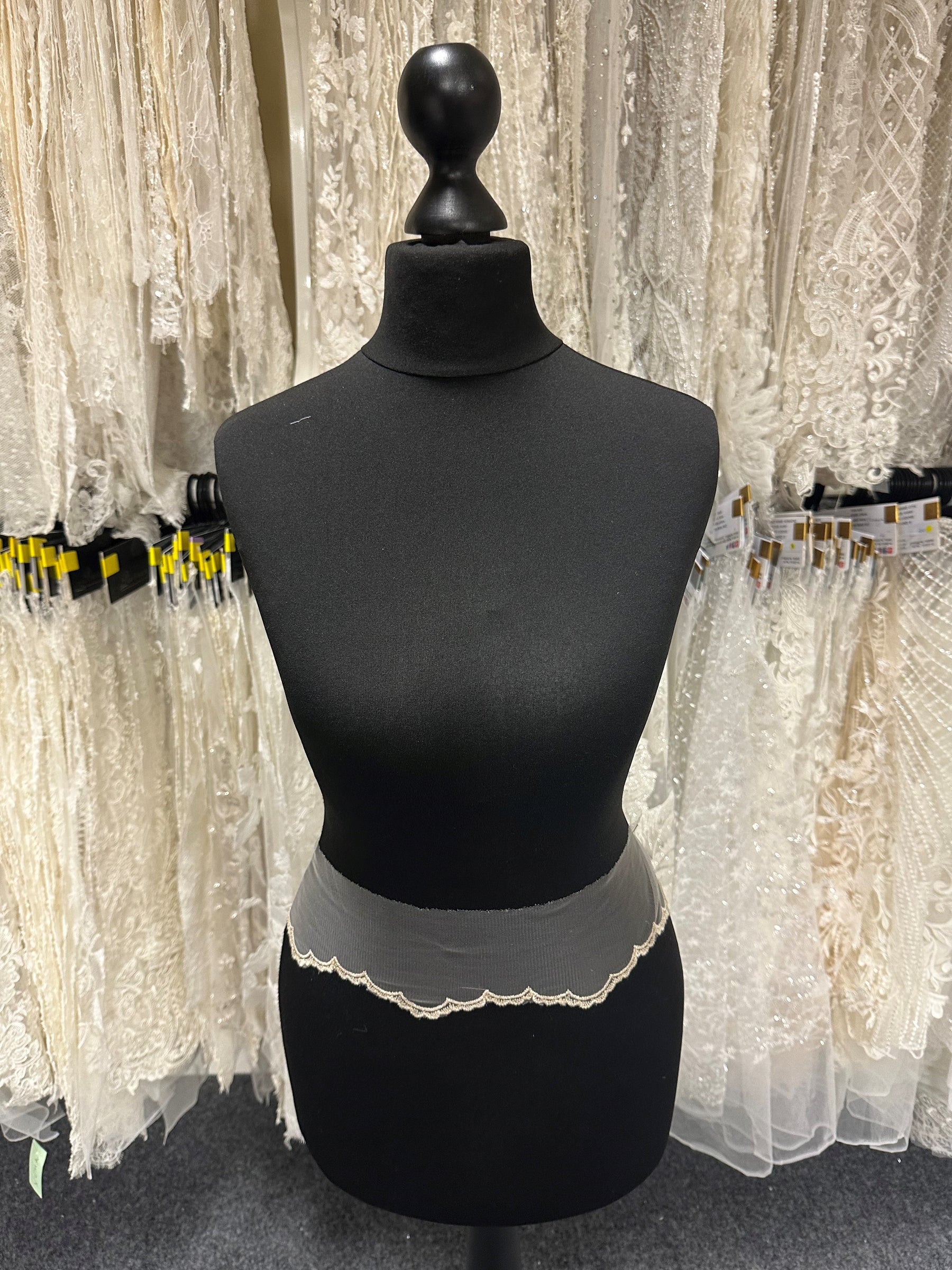 Elfenbein mit hellchampagnerfarbenem, besticktem Spitzenbesatz - T202