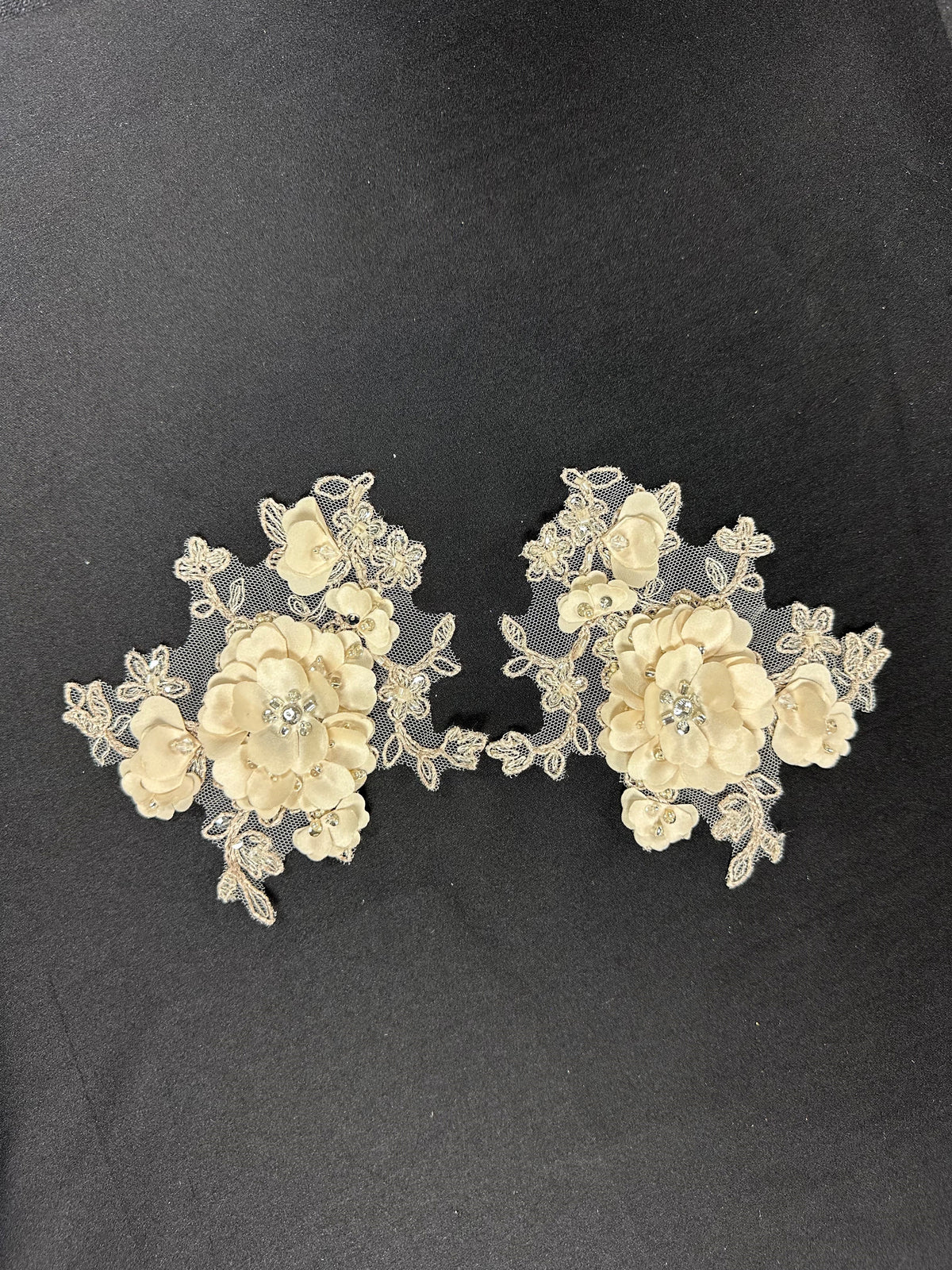 Champagnerfarbene, perlenbesetzte 3D-Spitzenapplikationen - T286