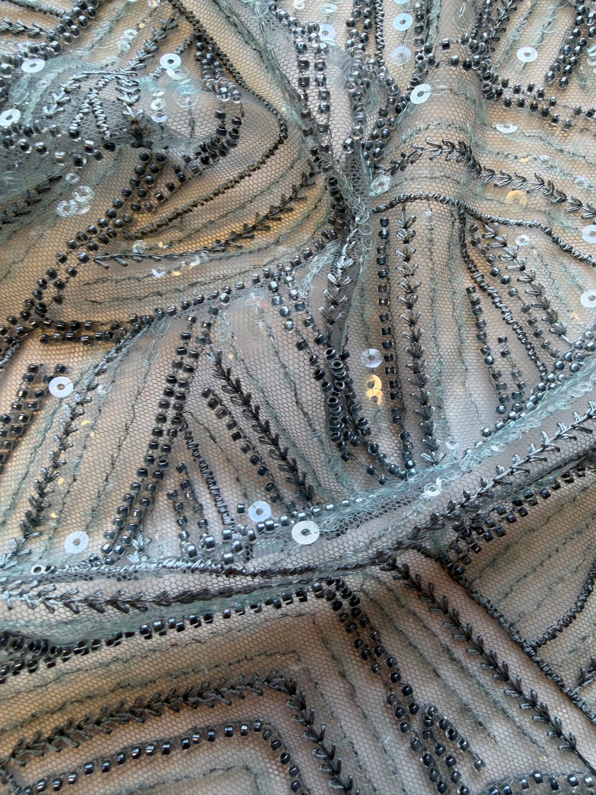 Smokey Green Emb Beaded Tulle - EB1056