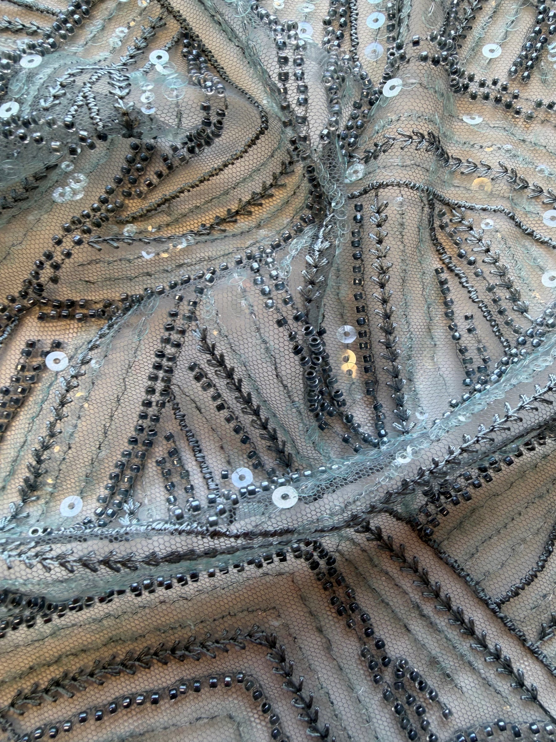Smokey Green Emb Beaded Tulle - EB1056