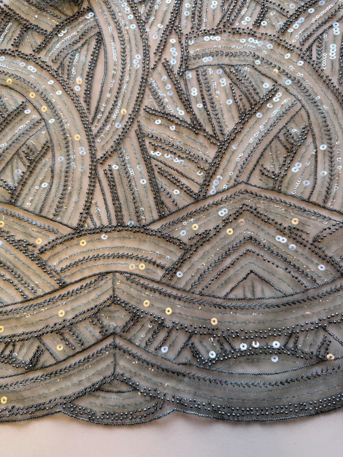 Smokey Green Emb Beaded Tulle - EB1056