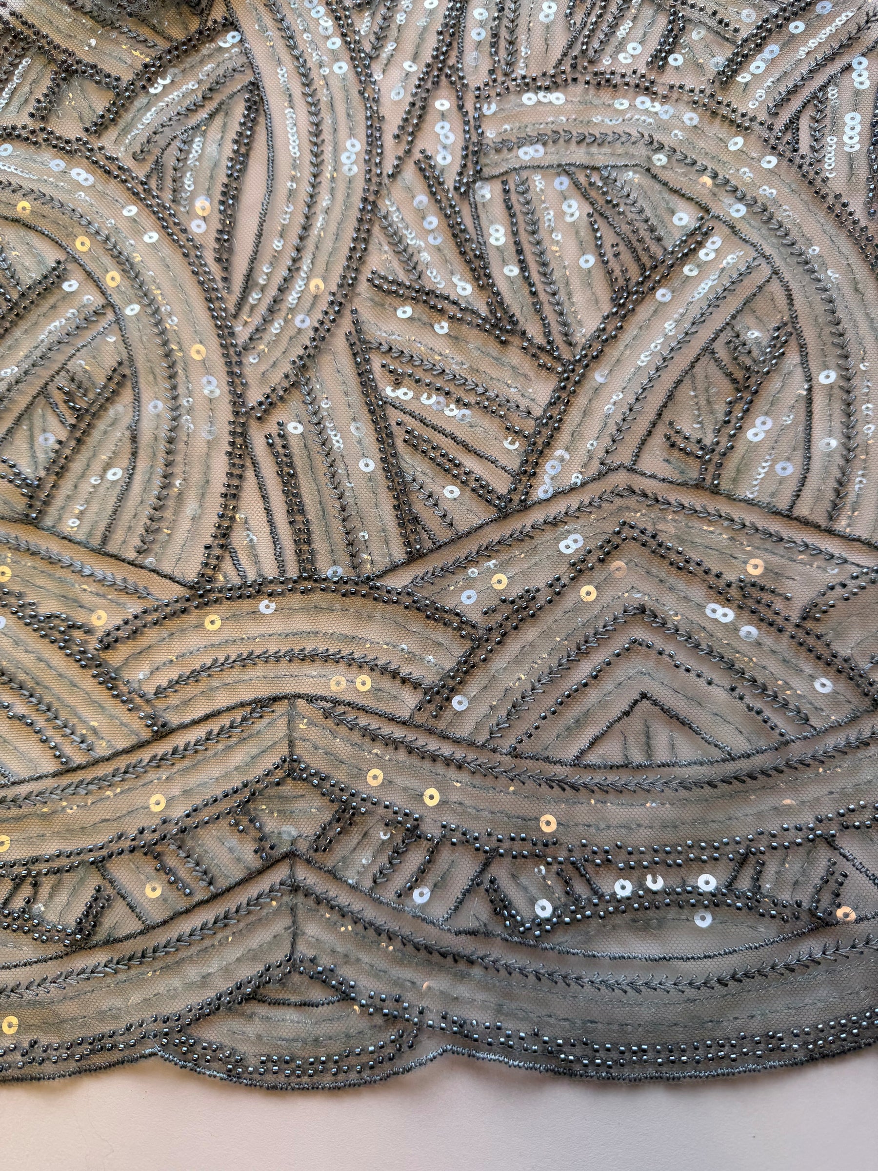 Smokey Green Emb Beaded Tulle - EB1056